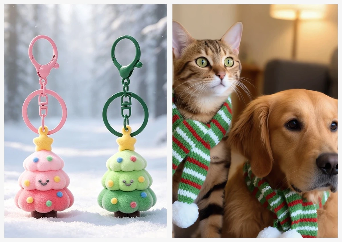Festive pet scarves and smiling Christmas tree keychains