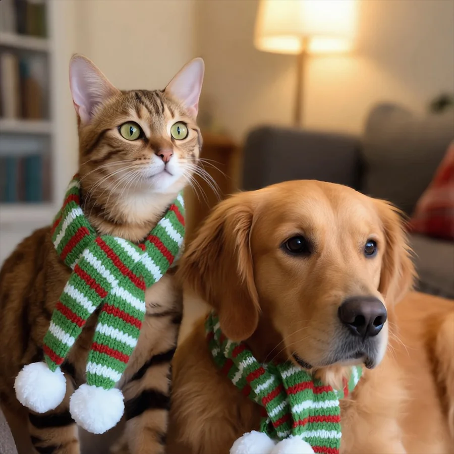 Pet wearing a festive Christmas scarf